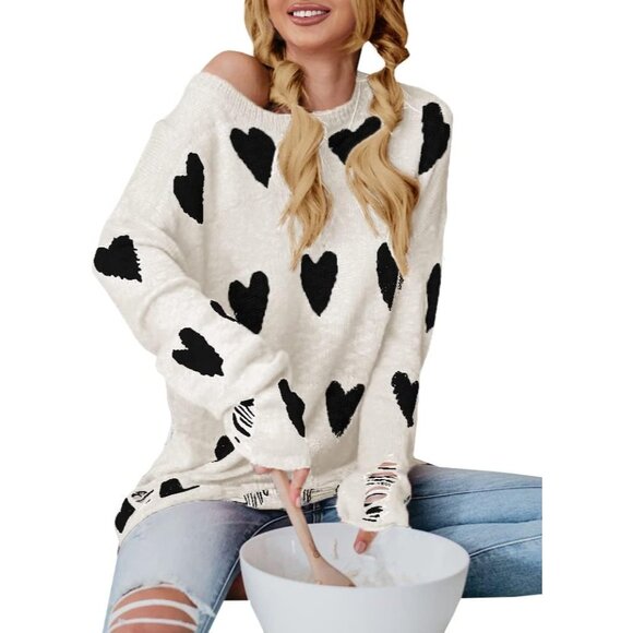 Womens Knit Sweater Heart Print Oversized Off Shoulder Casual Fall Winter - Picture 3 of 5